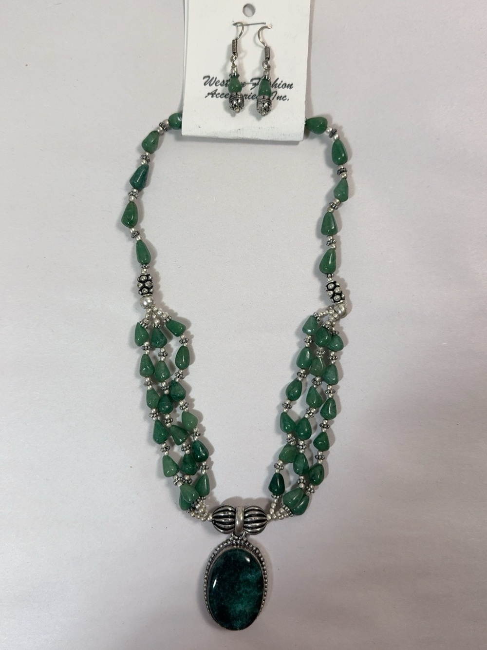 Western Fashion Accessories Green Stone Multi Strand Necklace Earrings Set